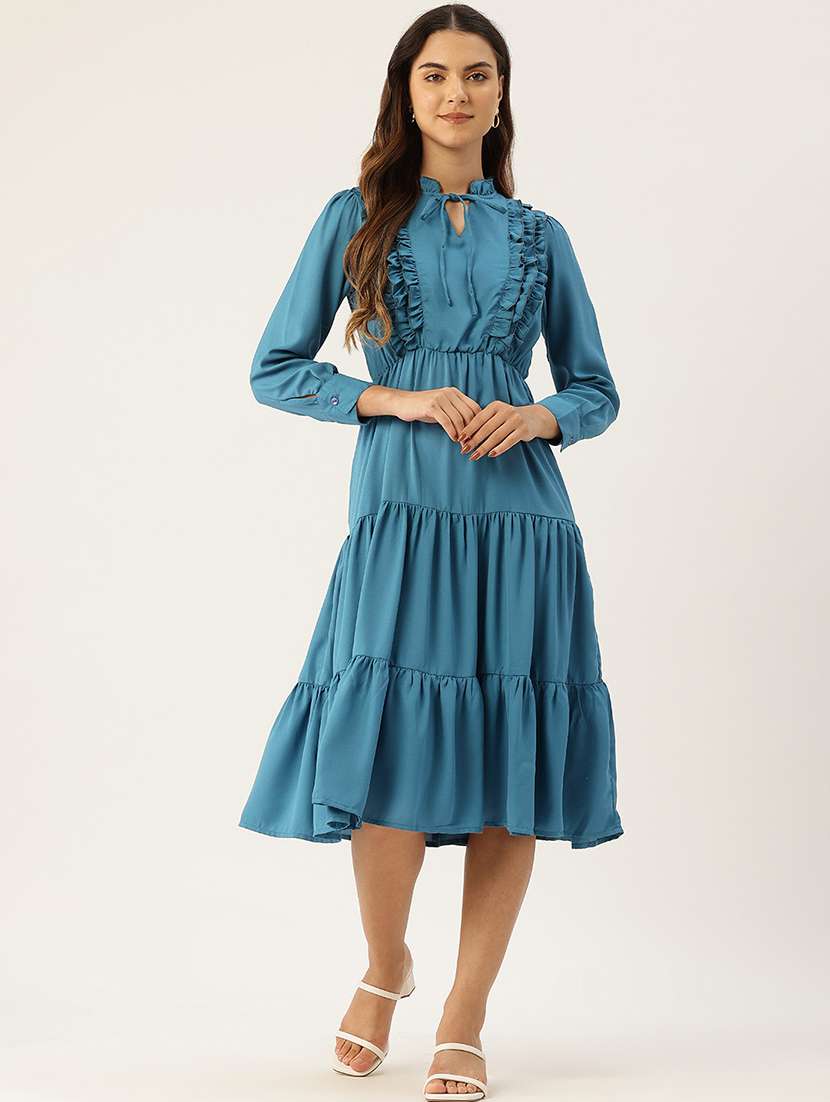women blue solid tie up neck tiered dress
