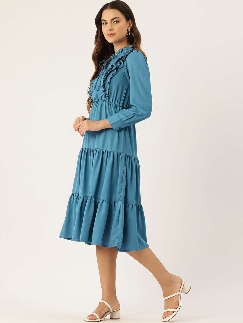 women blue solid tie up neck tiered dress - 22028864 - Standard Image - 1