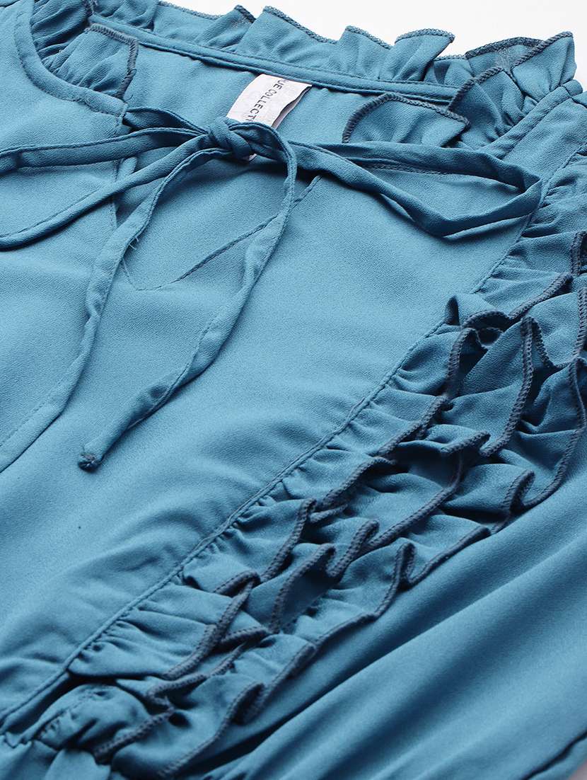 women blue solid tie up neck tiered dress - 22028864 - Standard Image - 4