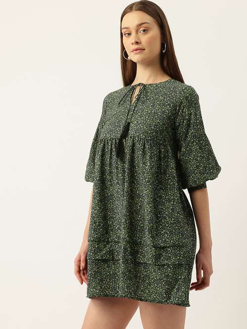 women floral print puff sleeve tie up neck dress - 22028865 -  Standard Image - 0