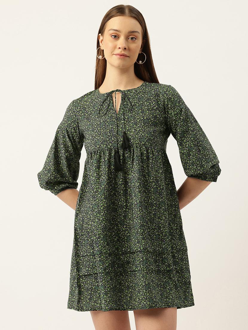 women floral print puff sleeve tie up neck dress - 22028865 - Standard Image - 1