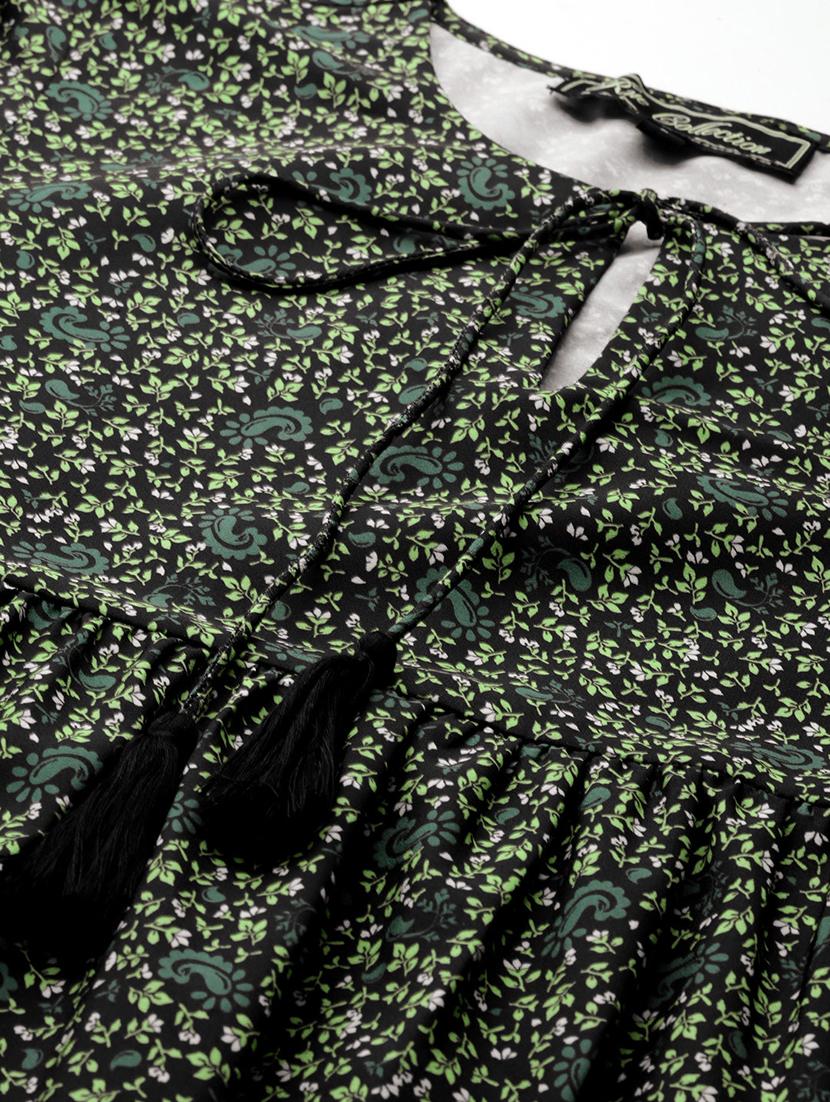 women floral print puff sleeve tie up neck dress - 22028865 - Standard Image - 4