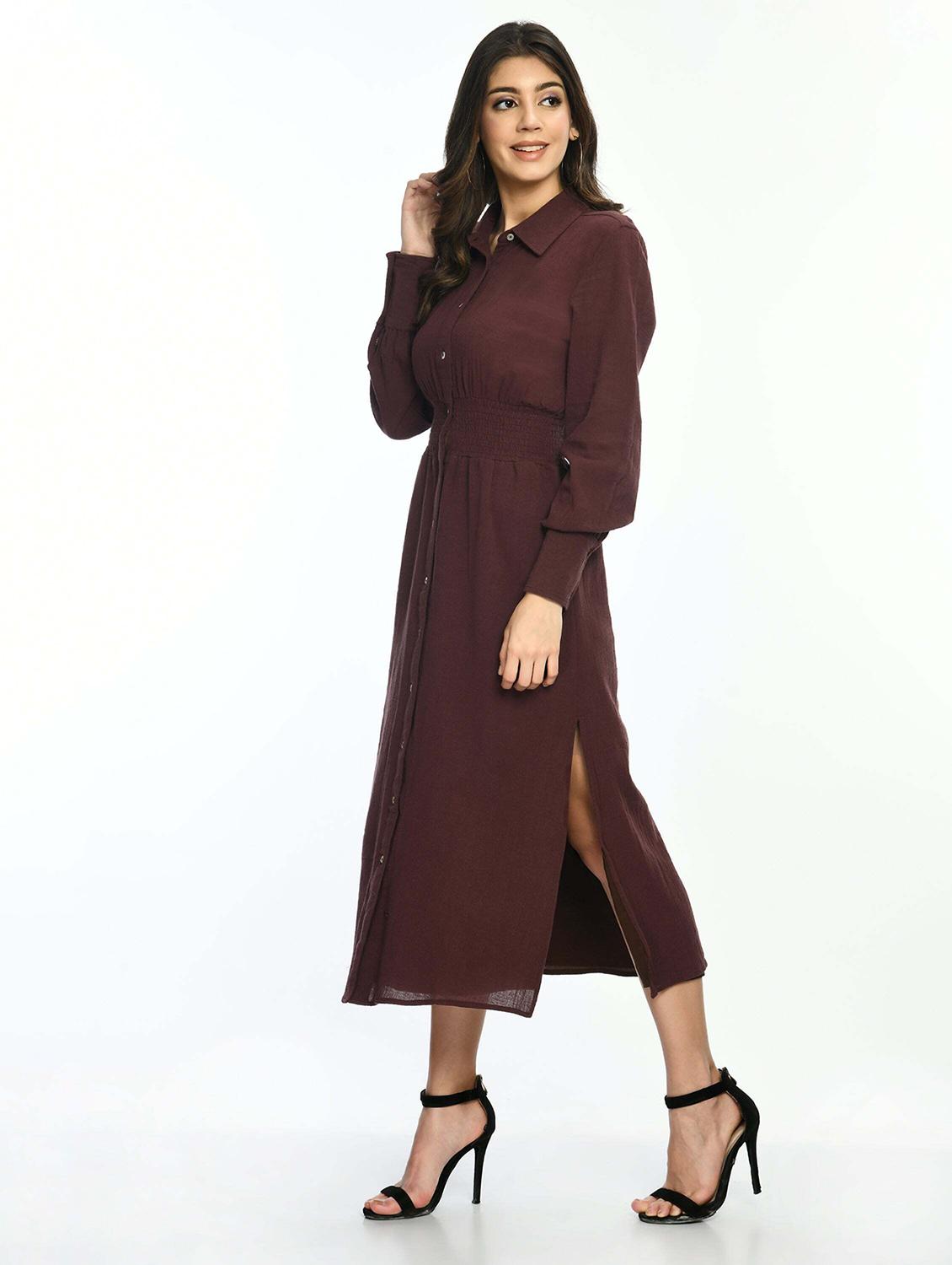 women brown solid collared long sleeve shirt dress - 22028875 - Standard Image - 1