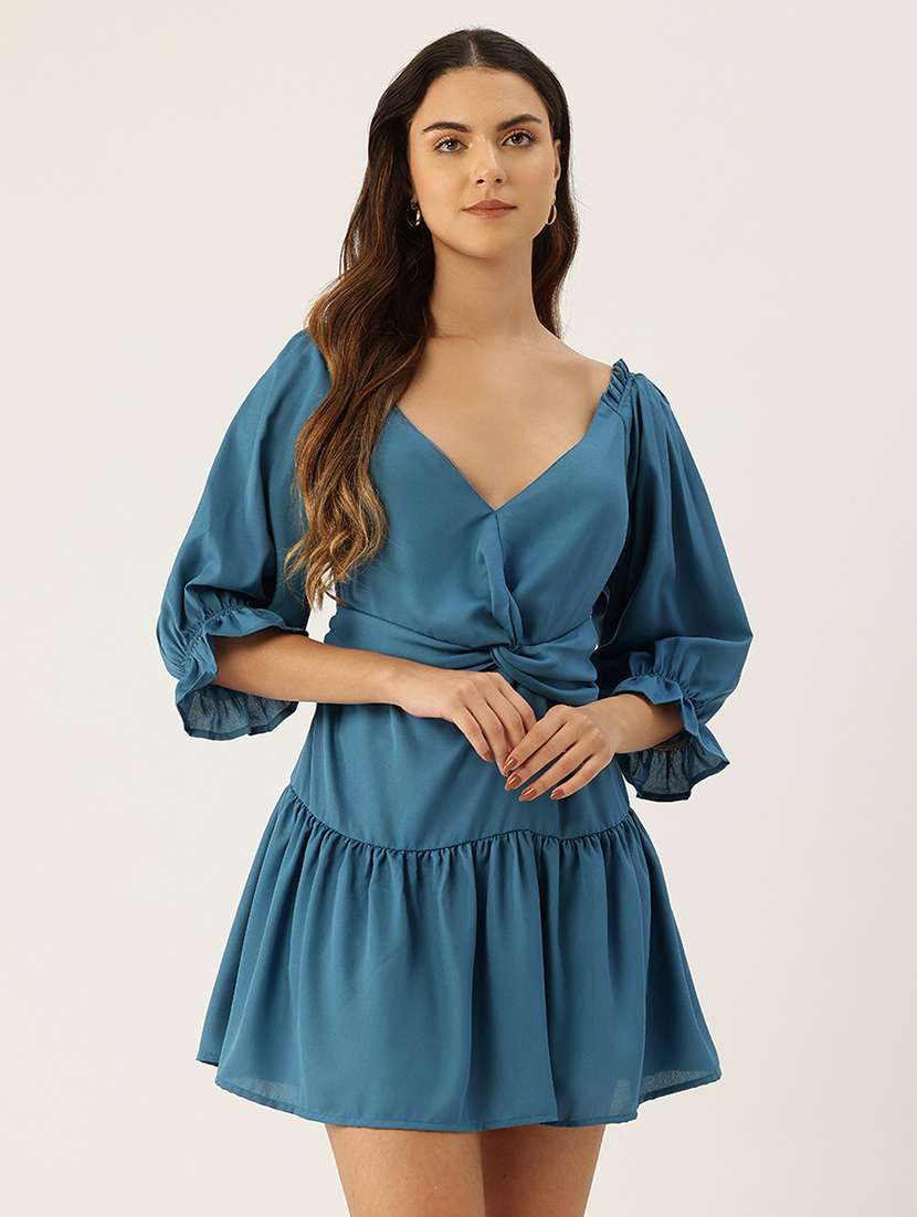 women solid puff sleeve tiered dress