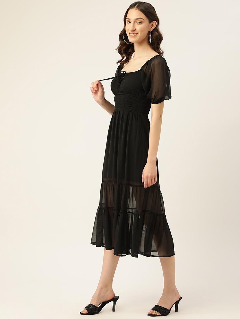 women black solid puff sleeve tiered dress - 22028885 - Standard Image - 1