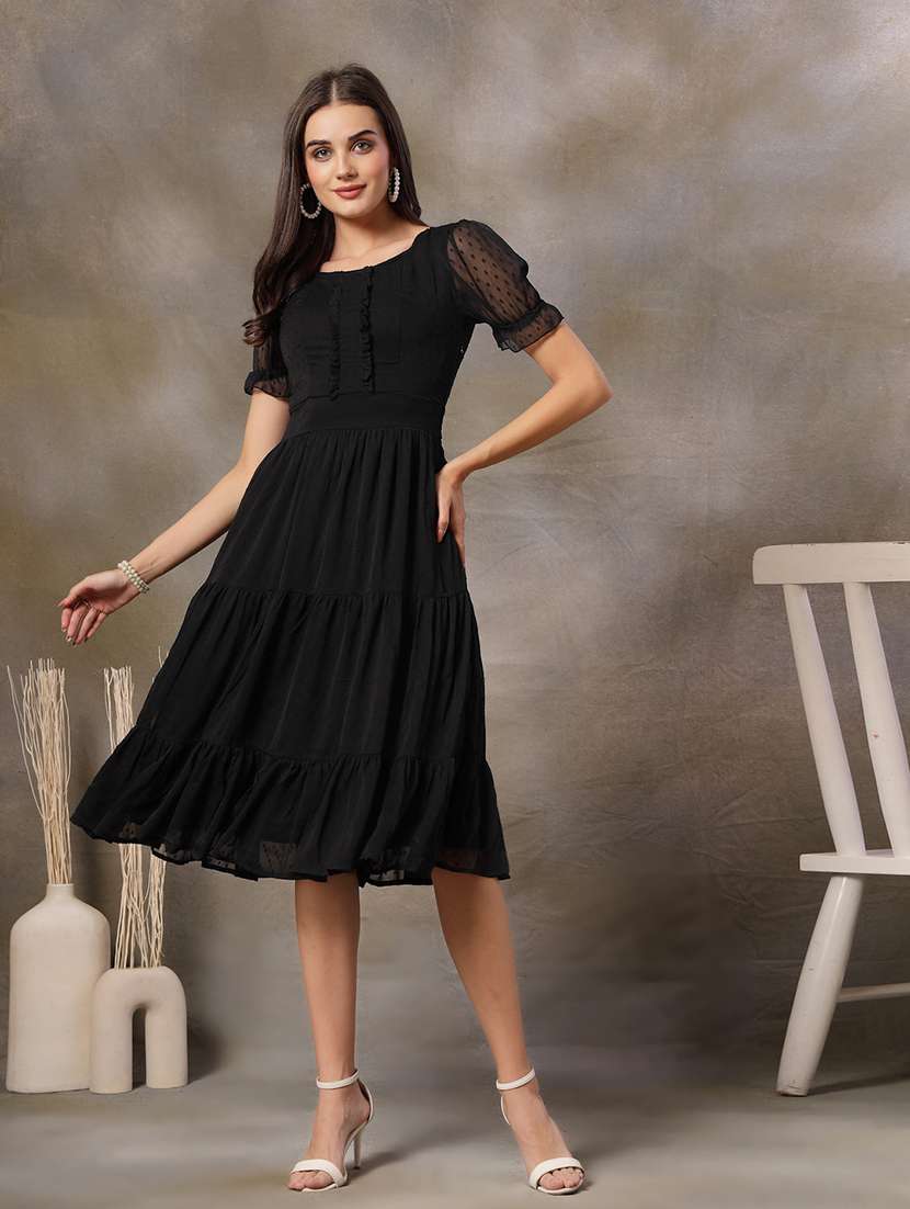 women black solid puff sleeve tiered dress - 22028886 -  Standard Image - 1