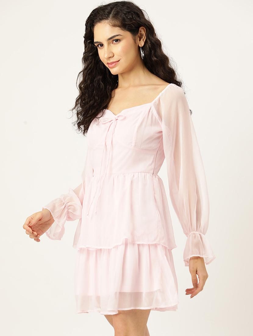 women pink solid long sleeve sweetheart neck layered dress - 22028888 - Standard Image - 1