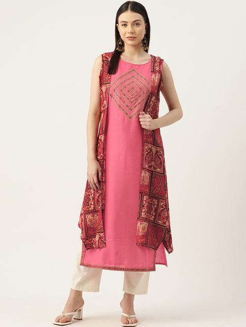 women pink printed sleeveless kurta with jacket - 22028893 - Standard Image - 0