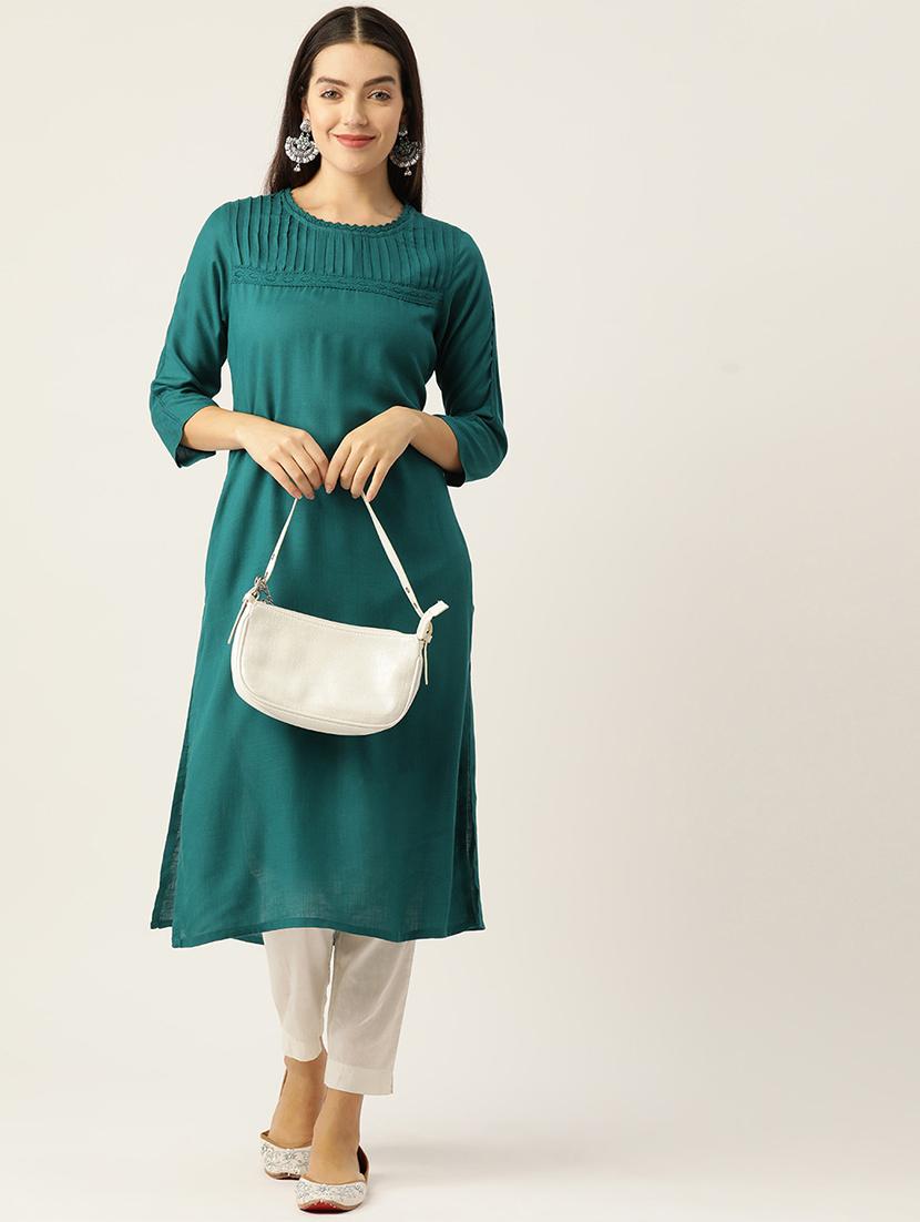 women solid three quarter sleeve straight kurta - 22028901 -  Zoom Image - 0