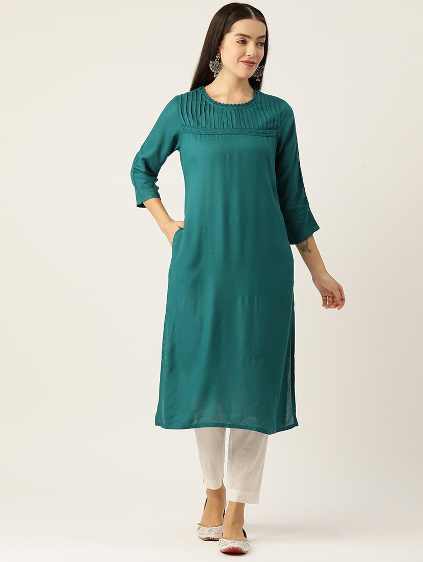 women solid three quarter sleeve straight kurta - 22028901 -  Standard Image - 1