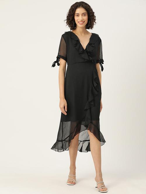 women black solid ruffled asymmetric dress - 22028906 -  Standard Image - 0