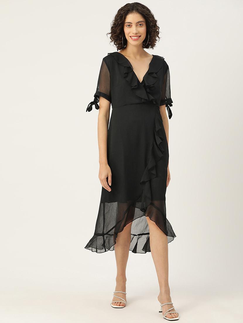 women black solid ruffled asymmetric dress - 22028906 -  Zoom Image - 0