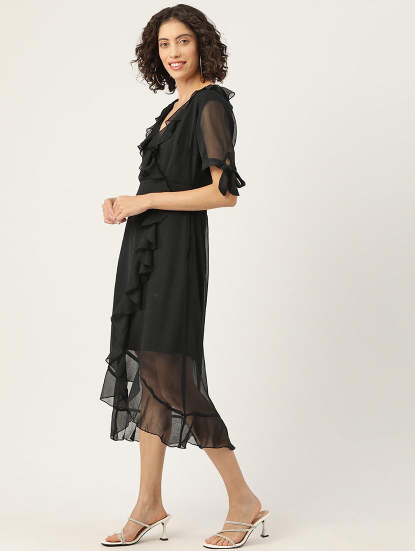 women black solid ruffled asymmetric dress - 22028906 -  Standard Image - 1