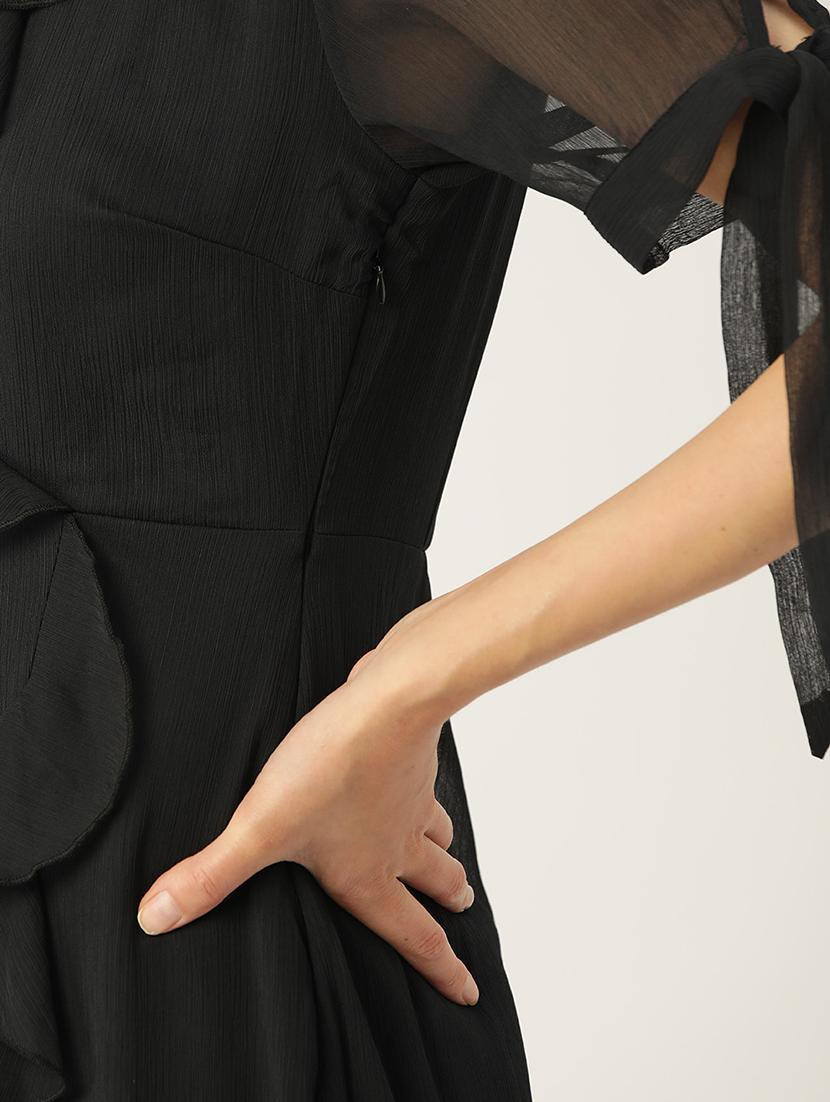 women black solid ruffled asymmetric dress - 22028906 - Standard Image - 4