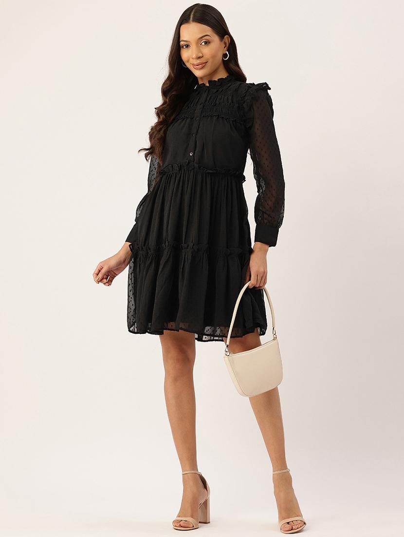 women black solid long sleeve tiered dress - 22028924 - Standard Image - 1