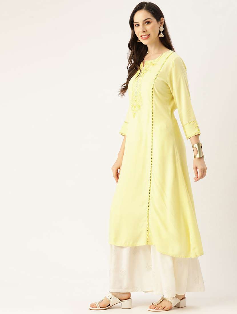 women embroiderd three quarter sleeve a-line kurta - 22028927 -  Standard Image - 1