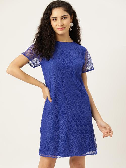 women blue solid short sleeve laced a-line dress - 22028932 -  Standard Image - 0