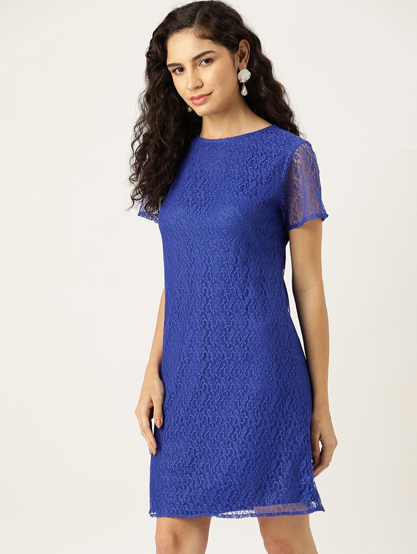 women blue solid short sleeve laced a-line dress - 22028932 -  Standard Image - 1