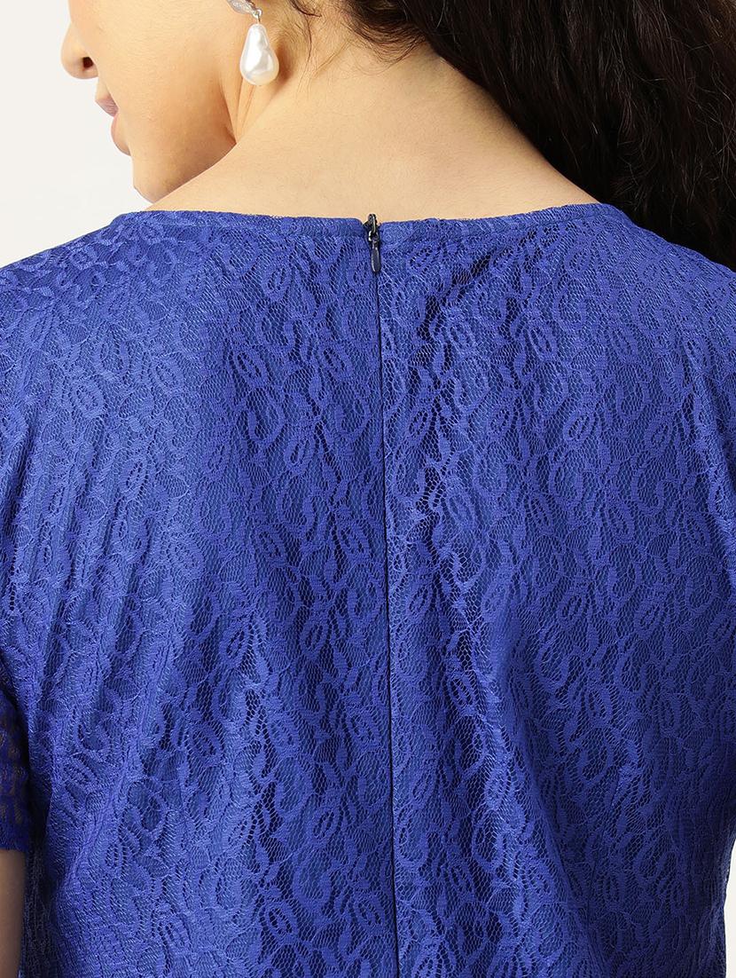 women blue solid short sleeve laced a-line dress - 22028932 - Standard Image - 4