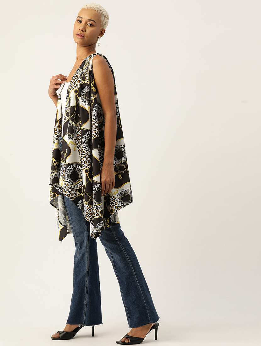 women printed sleeveless asymmetric shrug - 22028945 - Standard Image - 1