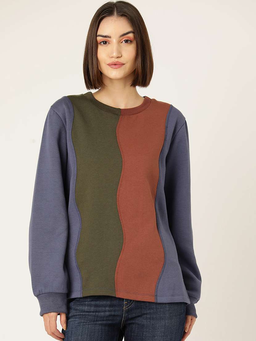 women color blocked round neck long sleeve sweatshirt