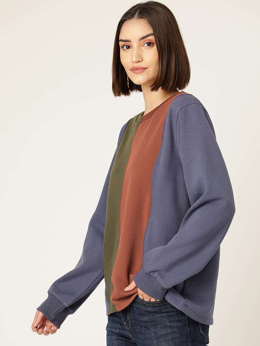 women color blocked round neck long sleeve sweatshirt - 22028961 -  Standard Image - 1
