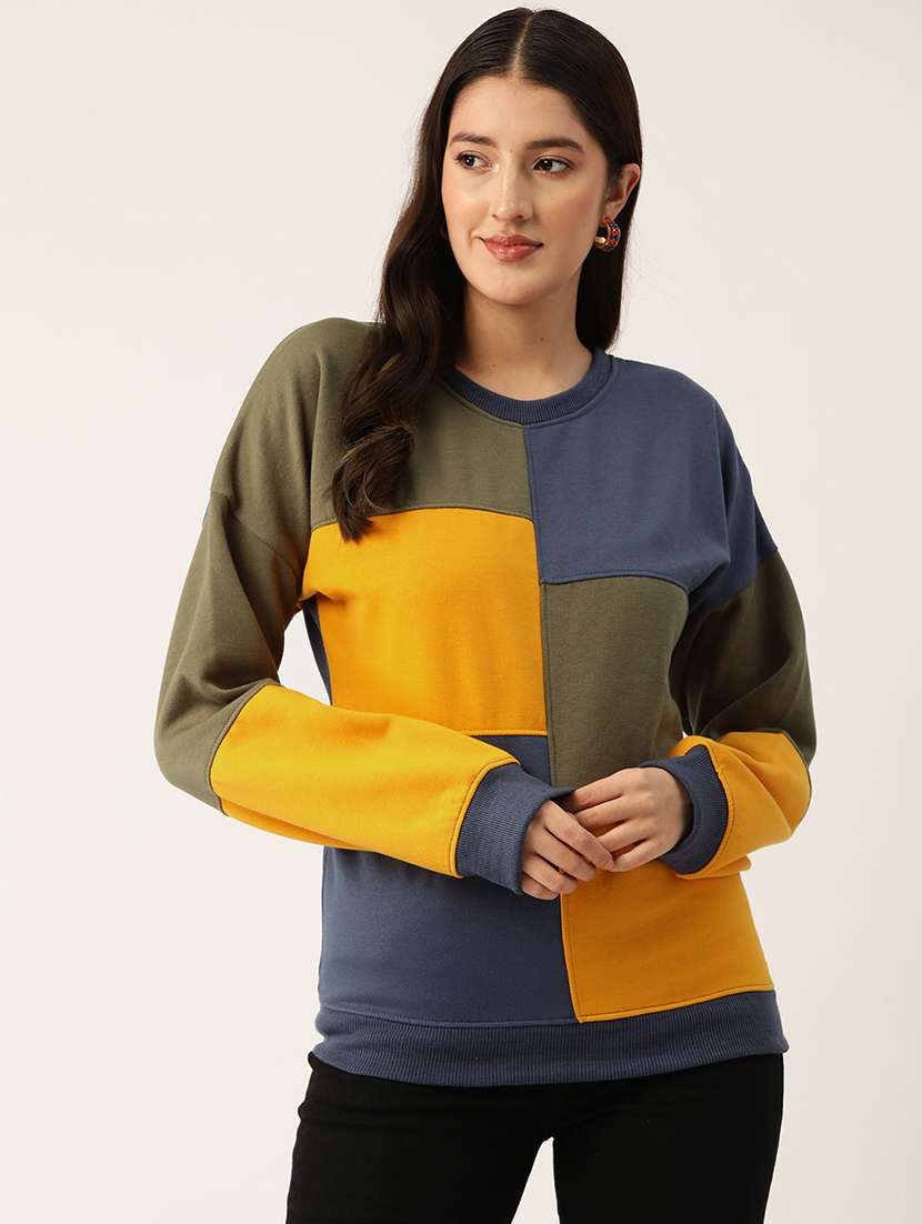 women color blocked round neck long sleeve sweatshirt