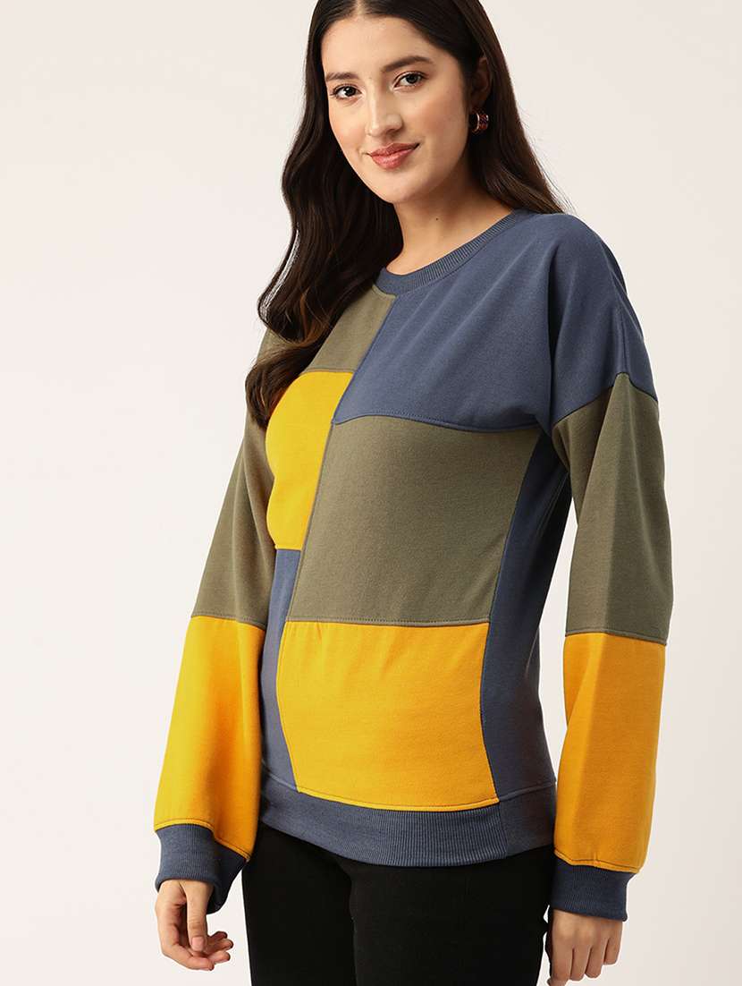 women color blocked round neck long sleeve sweatshirt - 22028969 - Standard Image - 1
