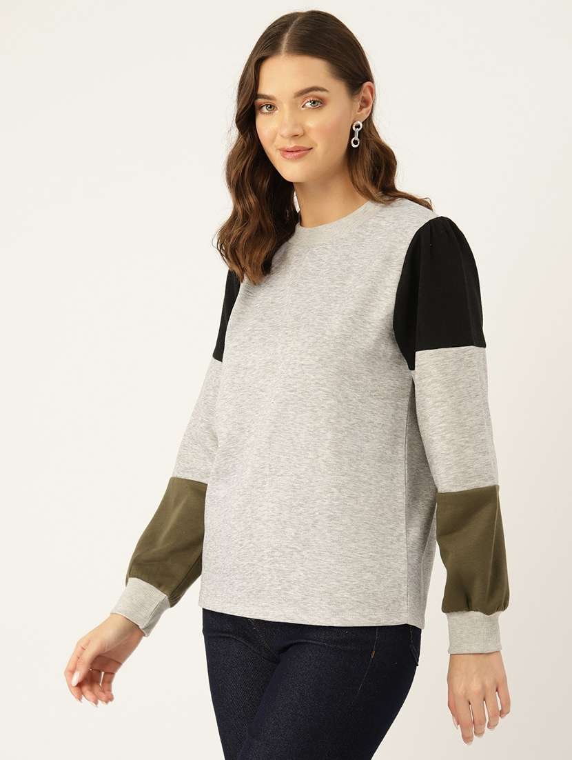 women color blocked round neck long sleeve sweatshirt - 22028971 -  Standard Image - 1