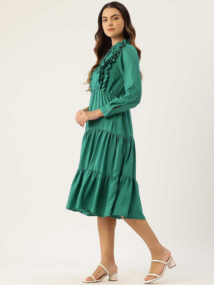women green solid long sleev tiered dress - 22028989 -  Standard Image - 1