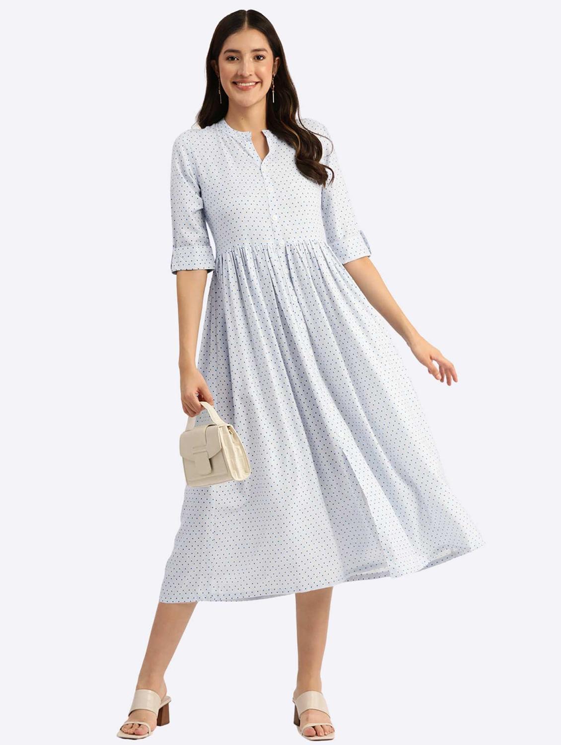 womenpolka doted mandarin neck fit & flare dress - 22028994 - Standard Image - 1