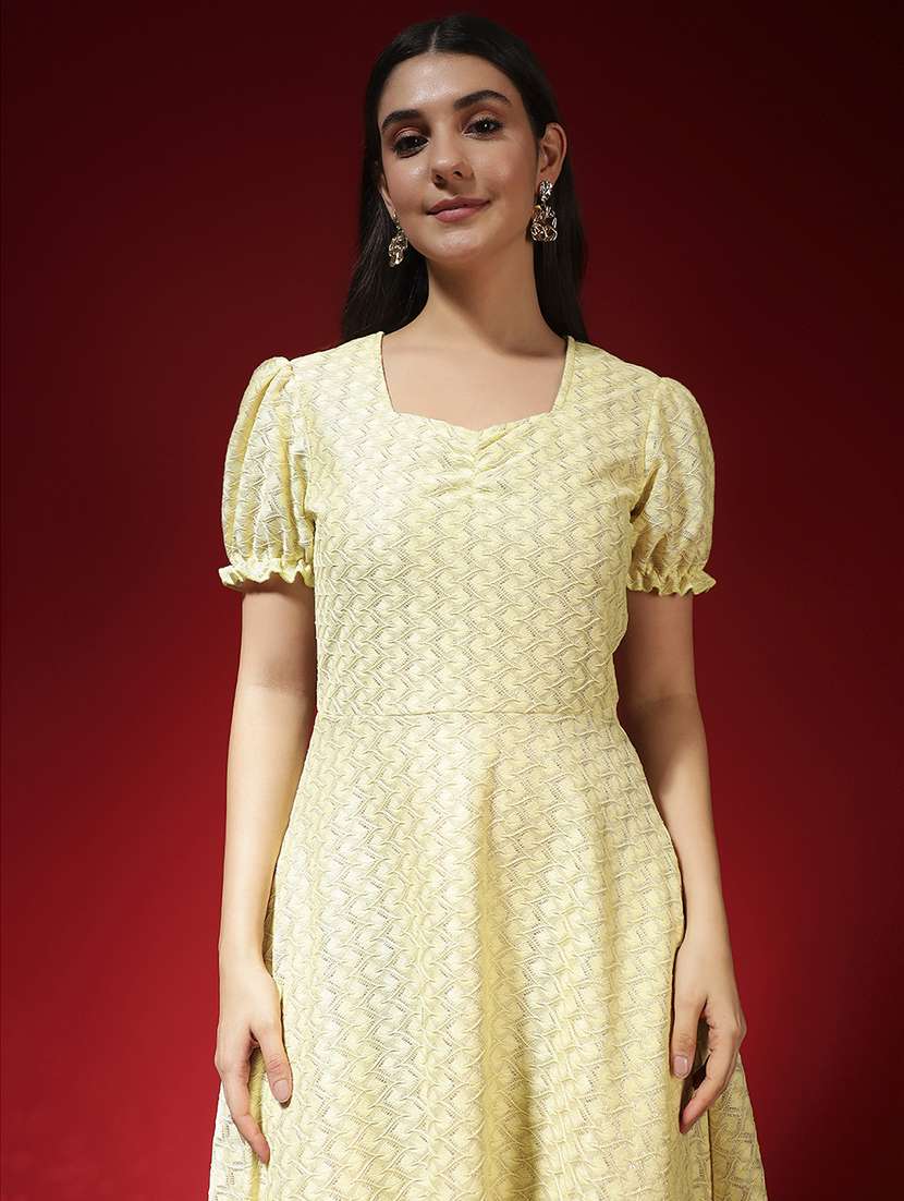 women yellow self designed puff sleeve a-line dress - 22029001 -  Standard Image - 1