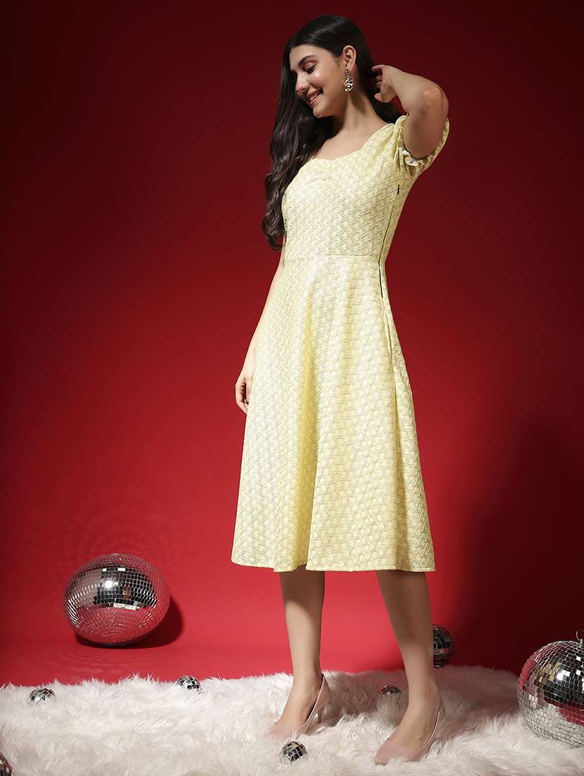 women yellow self designed puff sleeve a-line dress - 22029001 -  Standard Image - 4