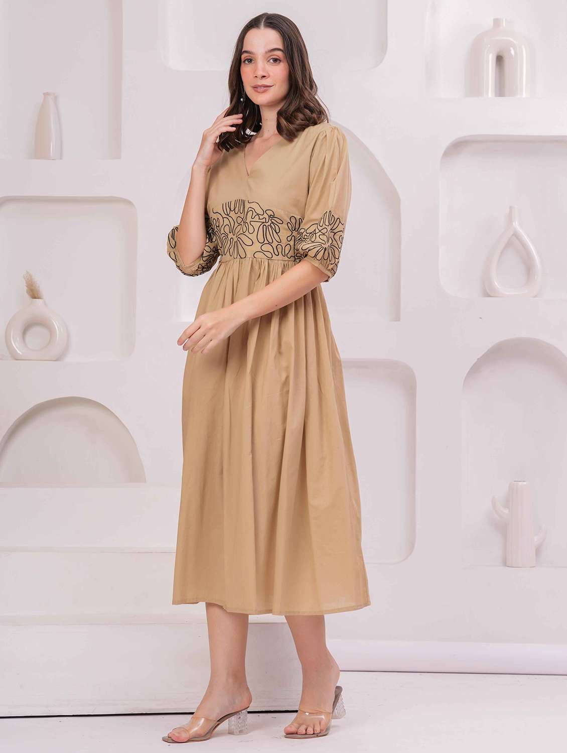 women embroidered puff sleeve fit & flare dress - 22029024 - Standard Image - 1