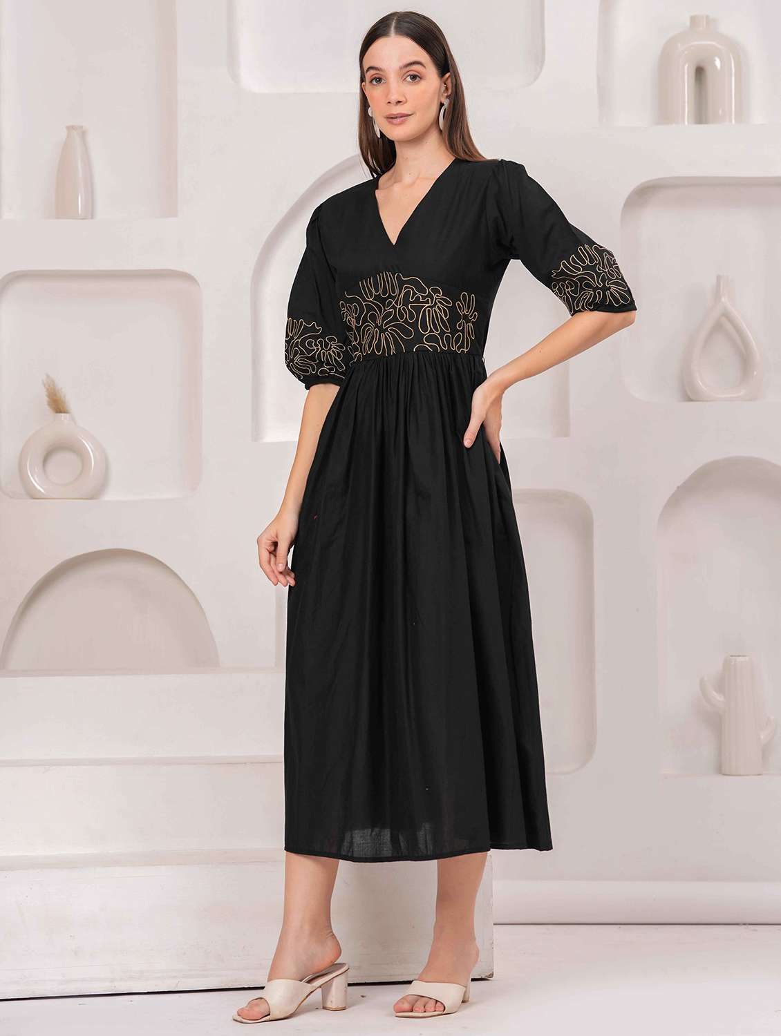 women embroidered puff sleeve fit & flare dress - 22029025 - Standard Image - 1