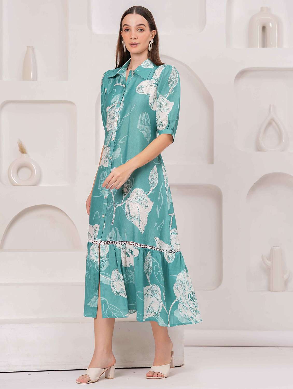 women floral print puff sleeve collared tiered dress - 22029055 - Standard Image - 1