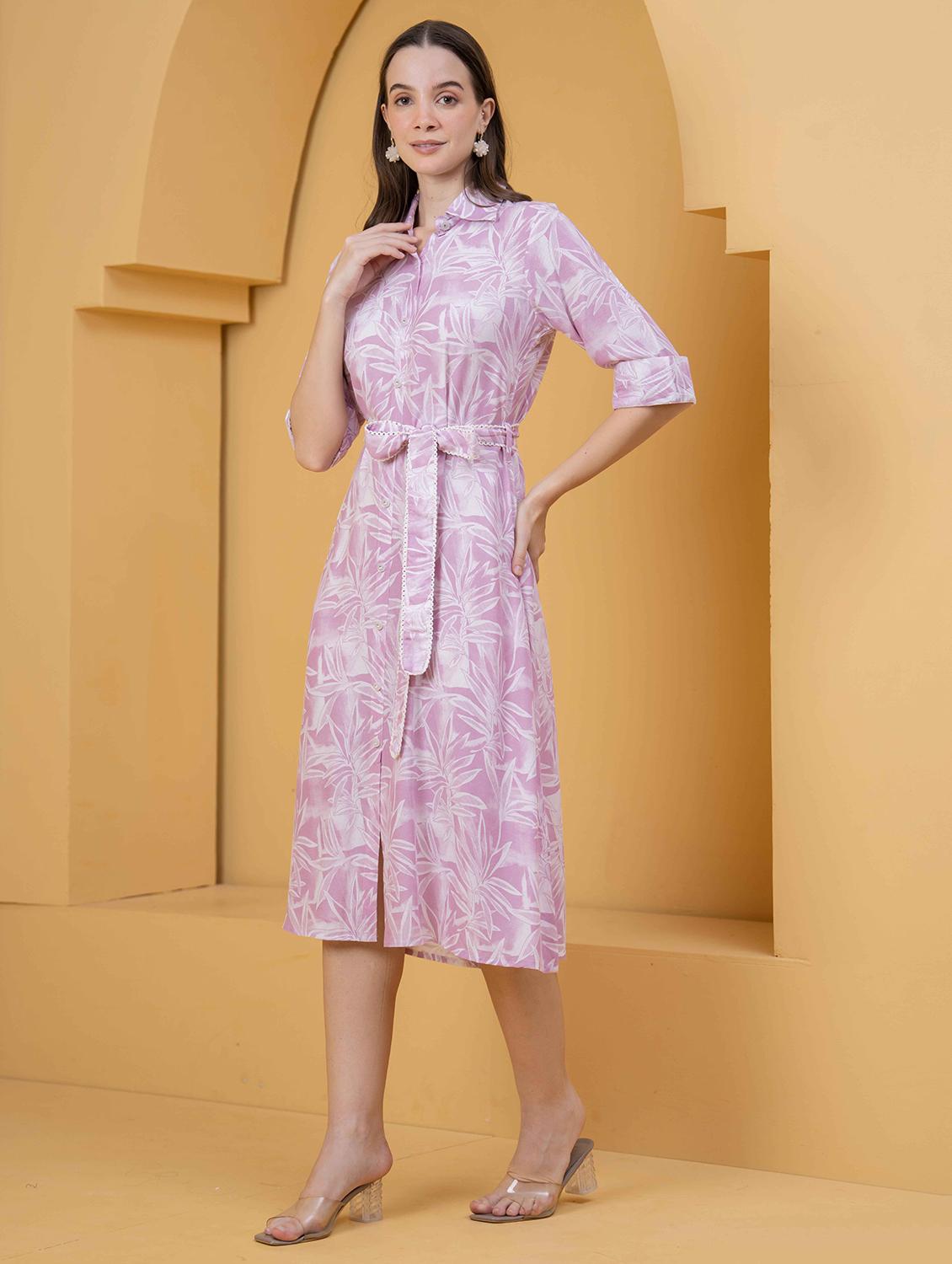 women printed roll up sleeve collared shirt dress - 22029058 - Standard Image - 1