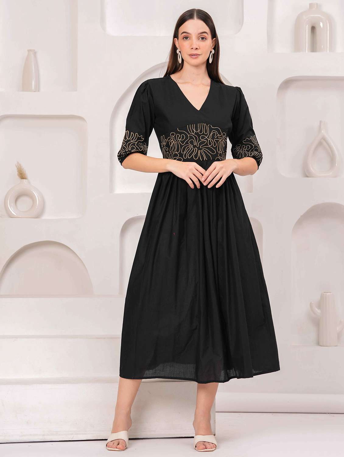 women embroidered puff sleeve fit & flare dress