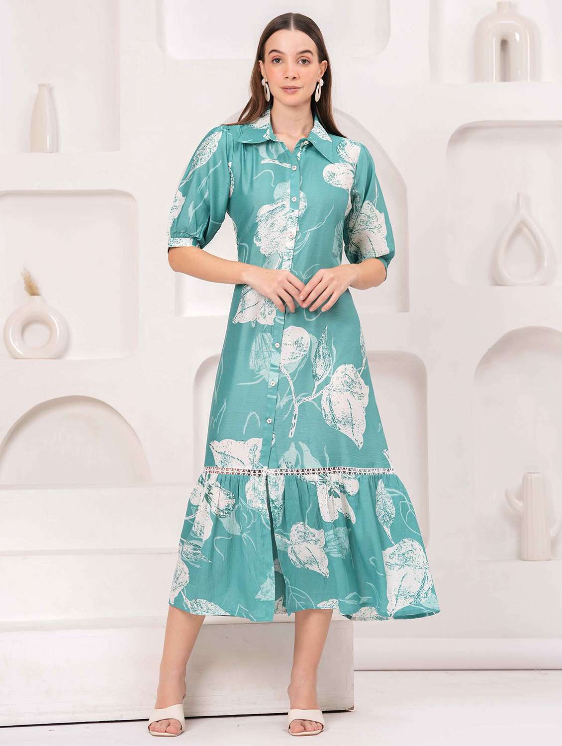 women floral print puff sleeve collared tiered dress - 22029064 -  Zoom Image - 0
