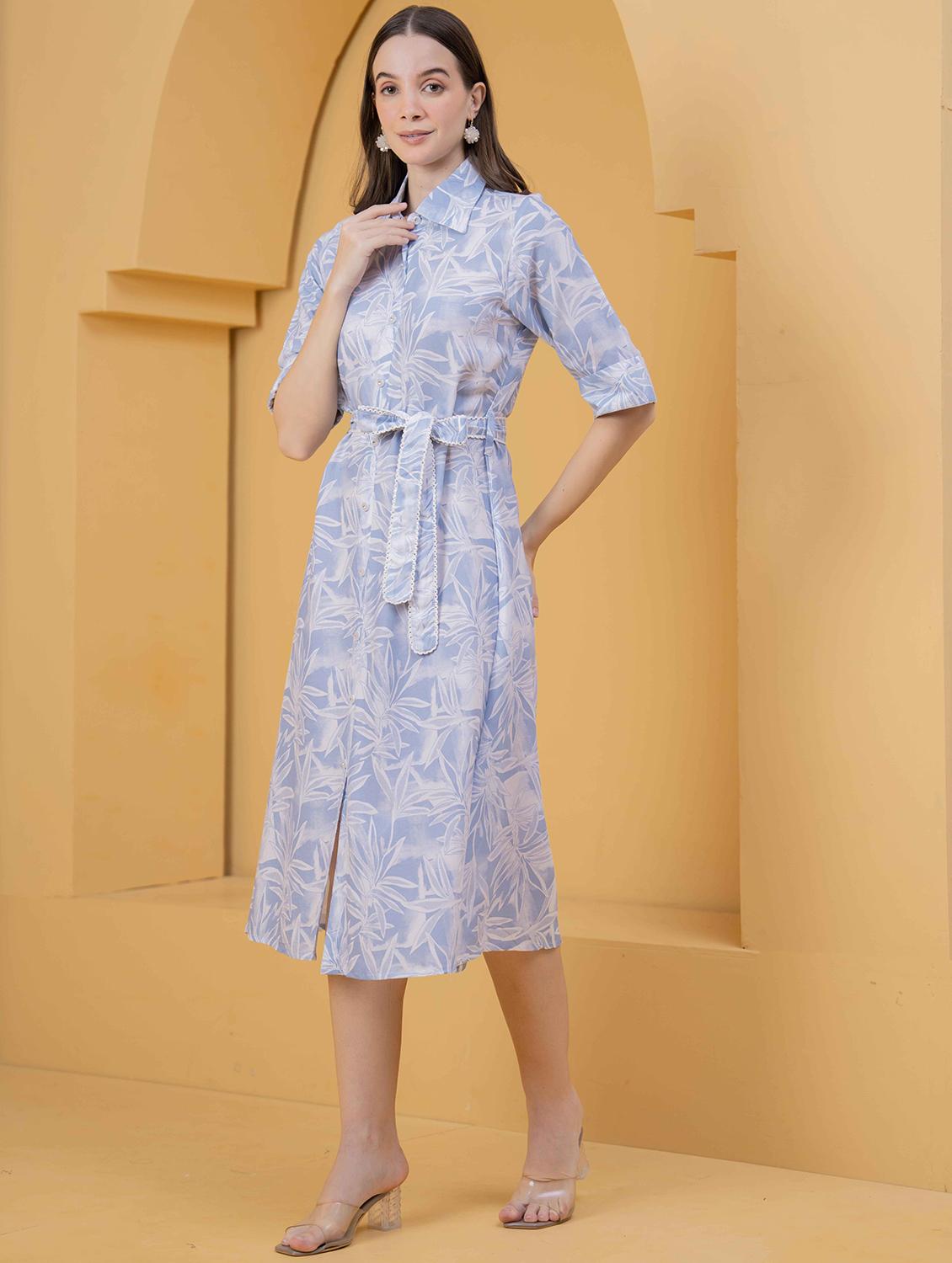 leaf print light blue rayon shirt dress - 22029077 - Standard Image - 1