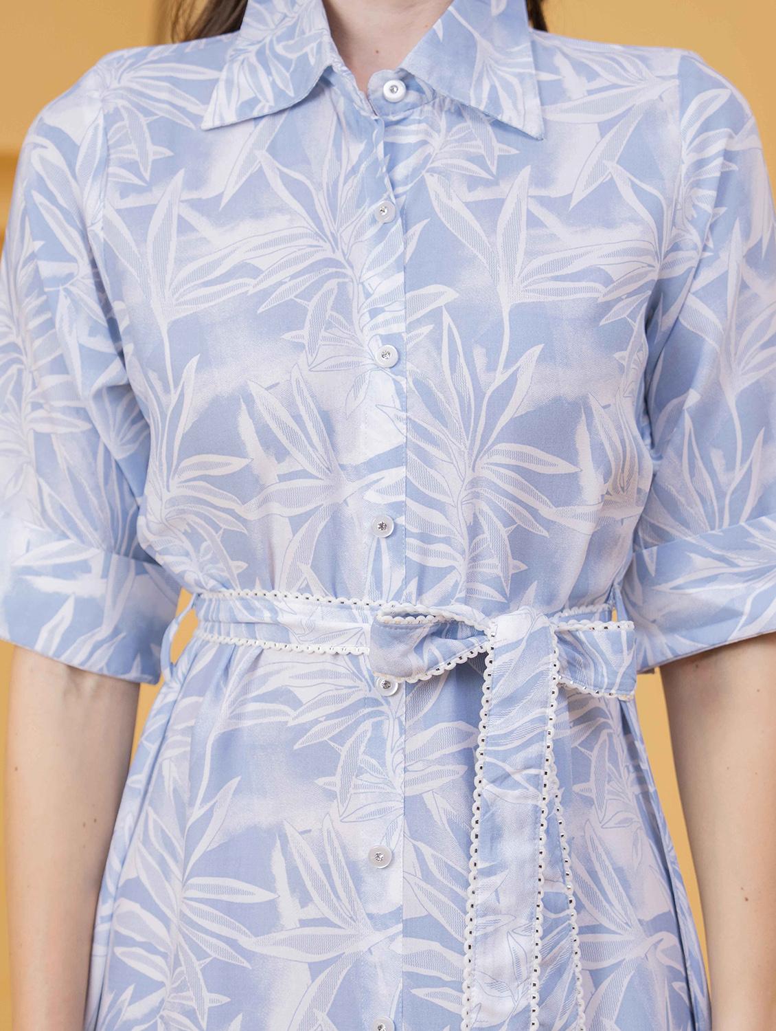 leaf print light blue rayon shirt dress - 22029077 - Standard Image - 4