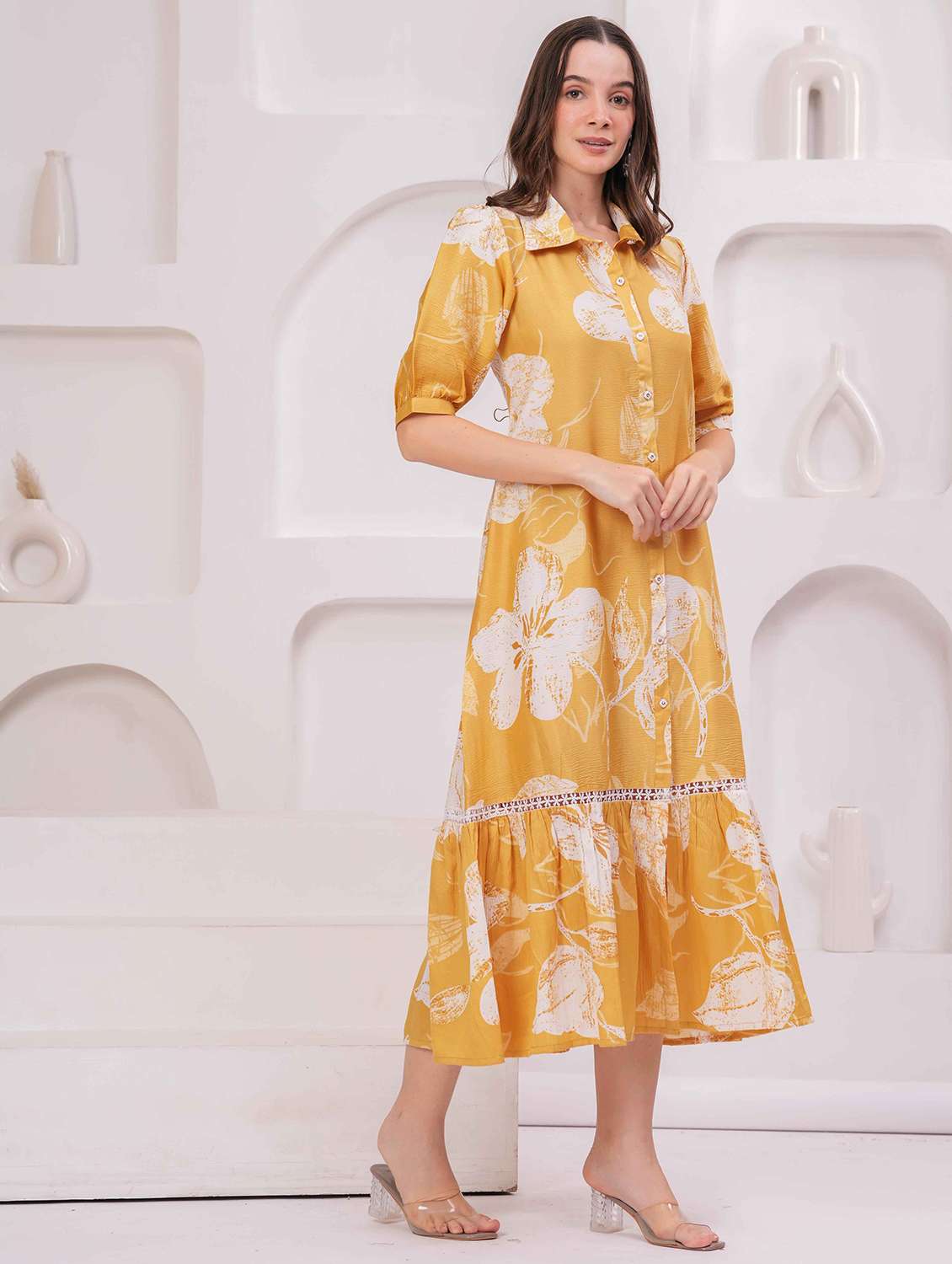 women floral print puff sleeve tiered dress - 22029083 -  Standard Image - 1