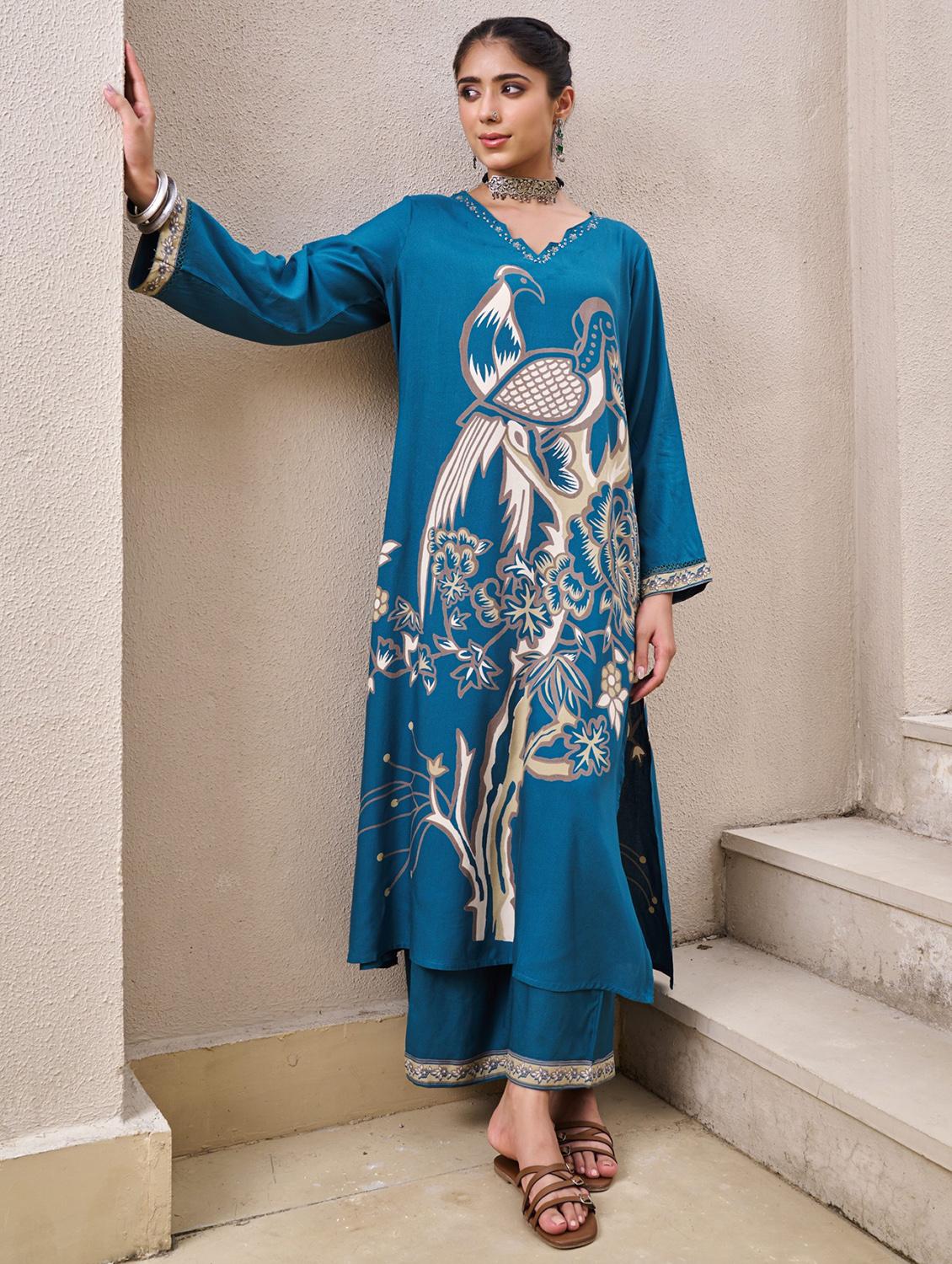women printed long sleeve kurta palazzo set - 22029399 - Standard Image - 1