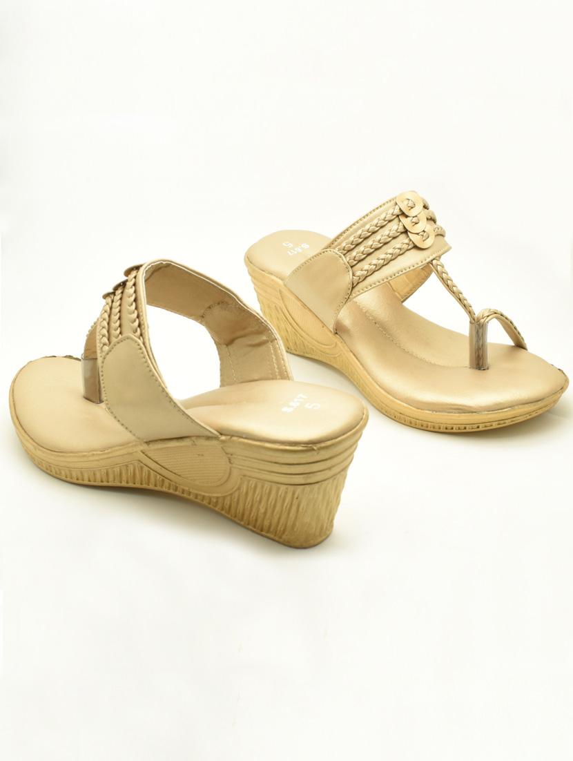 women golden slip on wedges - 22029552 -  Standard Image - 1