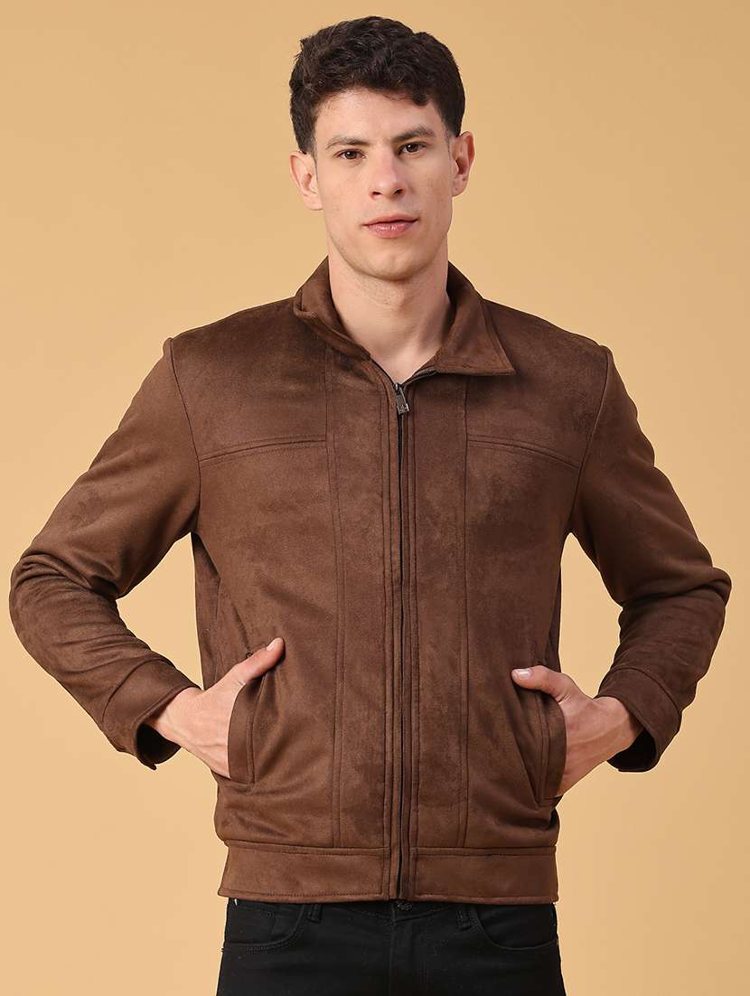 Men Brown Solid Long Sleeve Suede Casual Jacket - 22029770 -  Standard Image - 1
