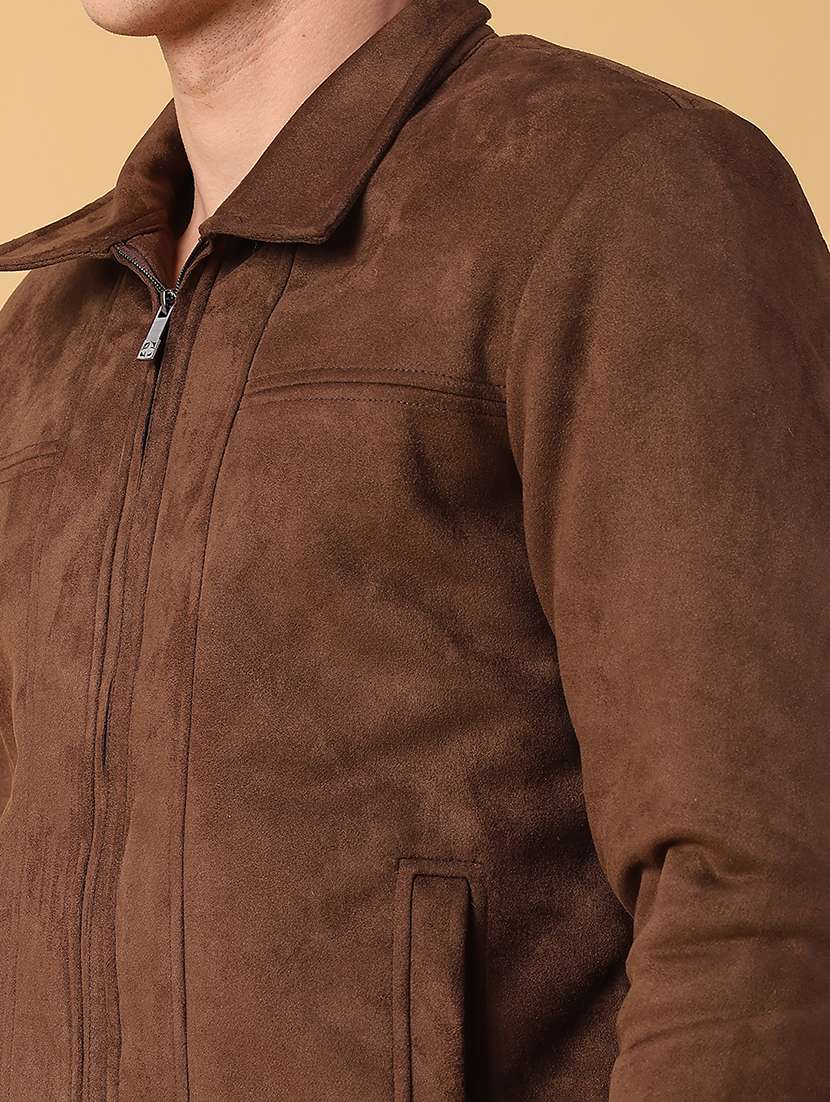 Men Brown Solid Long Sleeve Suede Casual Jacket - 22029770 -  Standard Image - 4