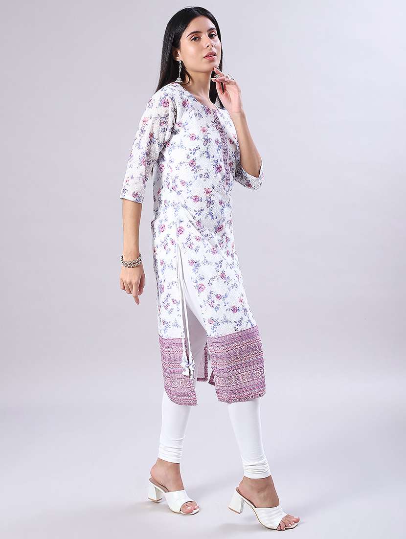women floral printed three quarter sleeve straight kurta - 22029937 -  Standard Image - 1