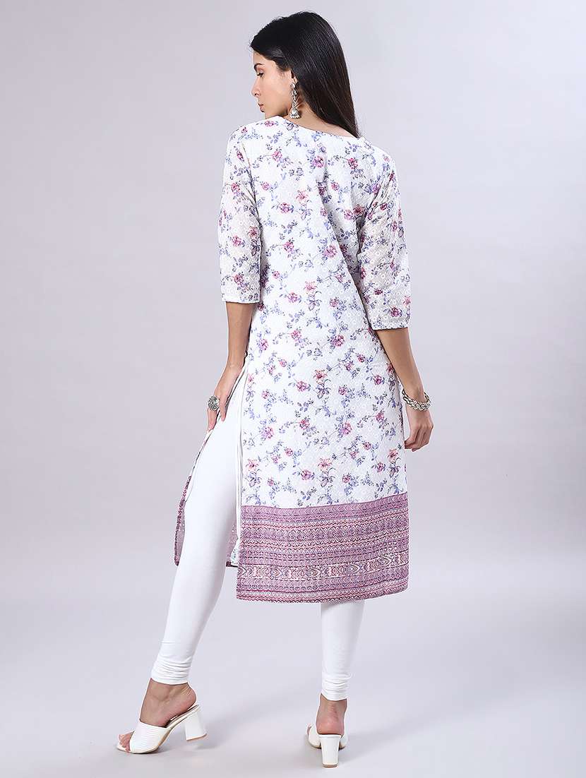 women floral printed three quarter sleeve straight kurta - 22029937 -  Standard Image - 4