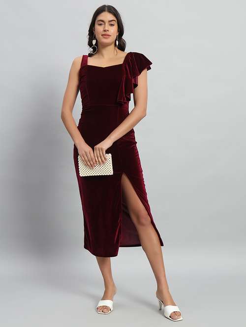 women solid single shoulder velvet bodycon dress - 22030073 -  Standard Image - 0