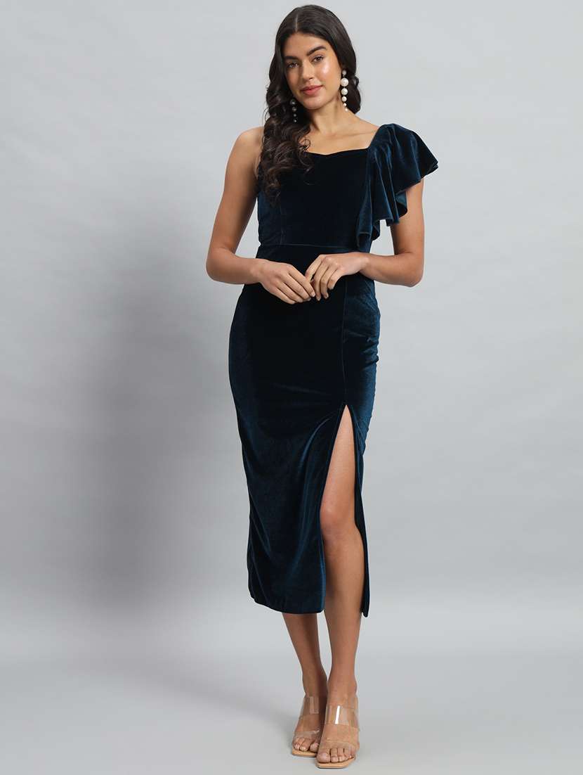 women solid single shoulder velvet bodycon dress - 22030074 -  Standard Image - 1